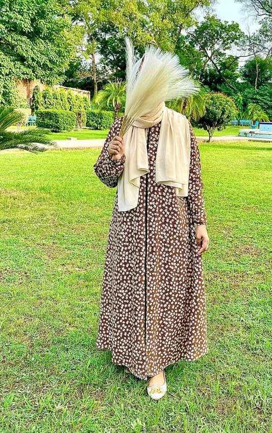 Biege floral brown base abaya