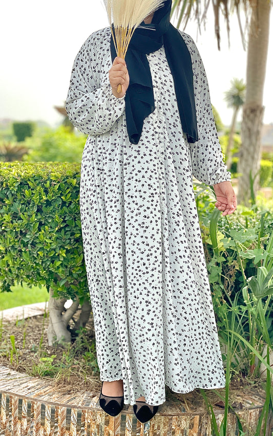 Black floral white base abaya