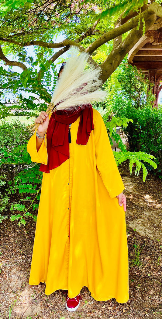 Bright yellow front open abaya