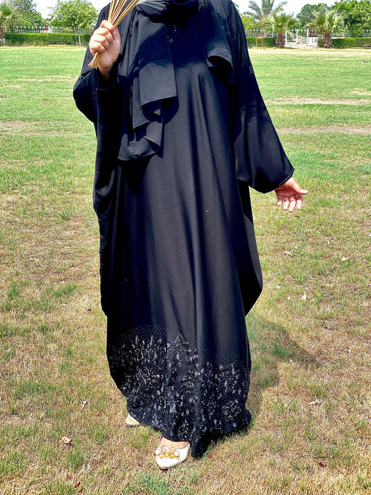 vintage bottom embroided jet black baggy abaya