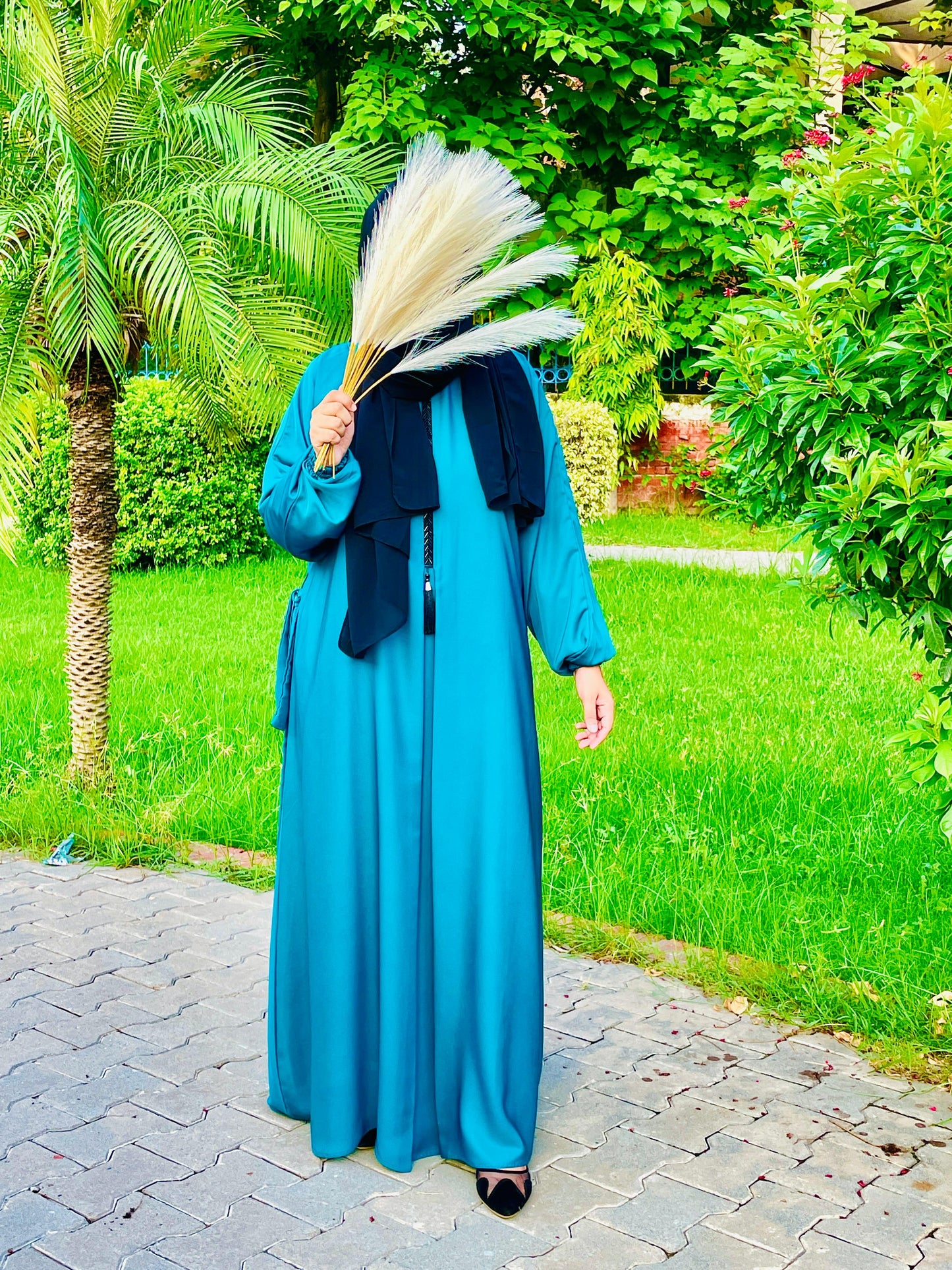 Electric teal blue hand braid lace abaya