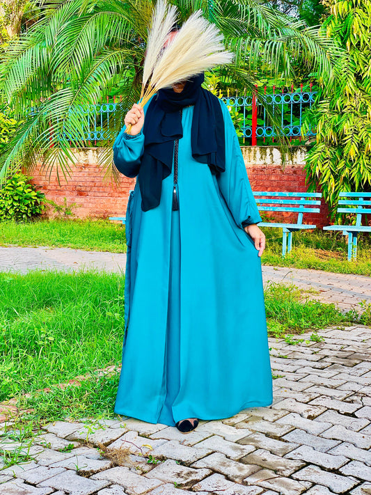 Electric teal blue hand braid lace abaya