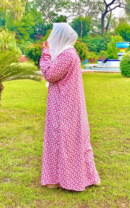 rosy pink printed floral abaya