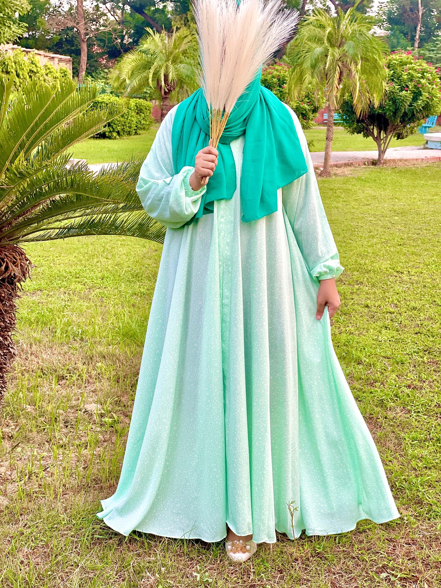 SEA green dots pattern open abaya