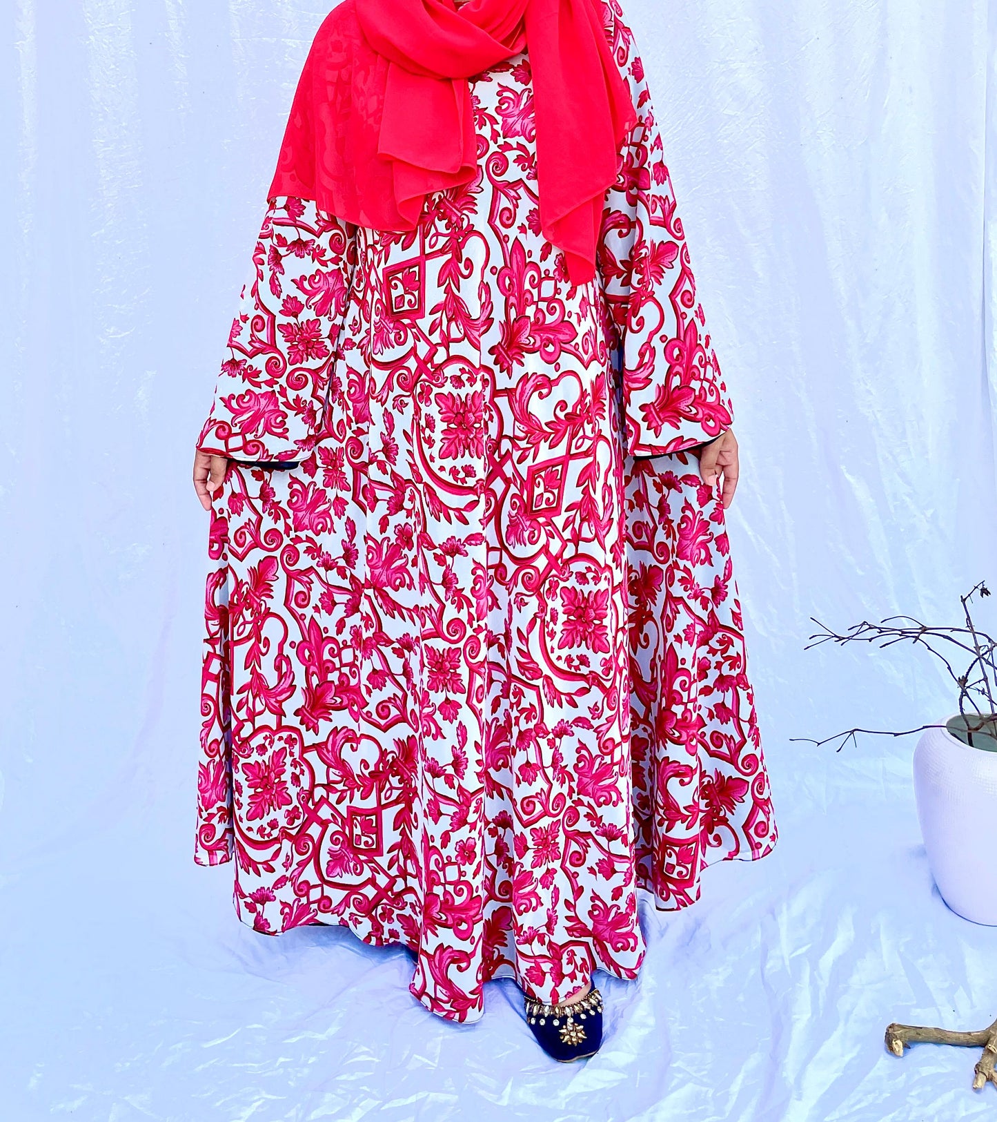 White base pink floral double sided abaya