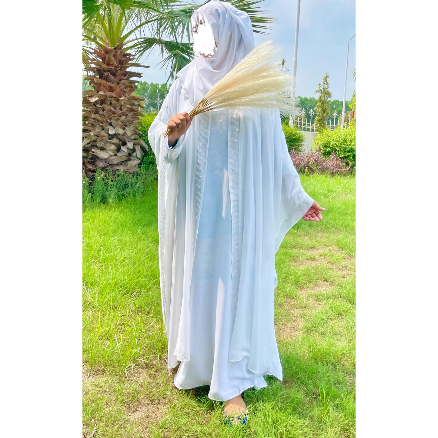 White cap haleema stones kimono abaya